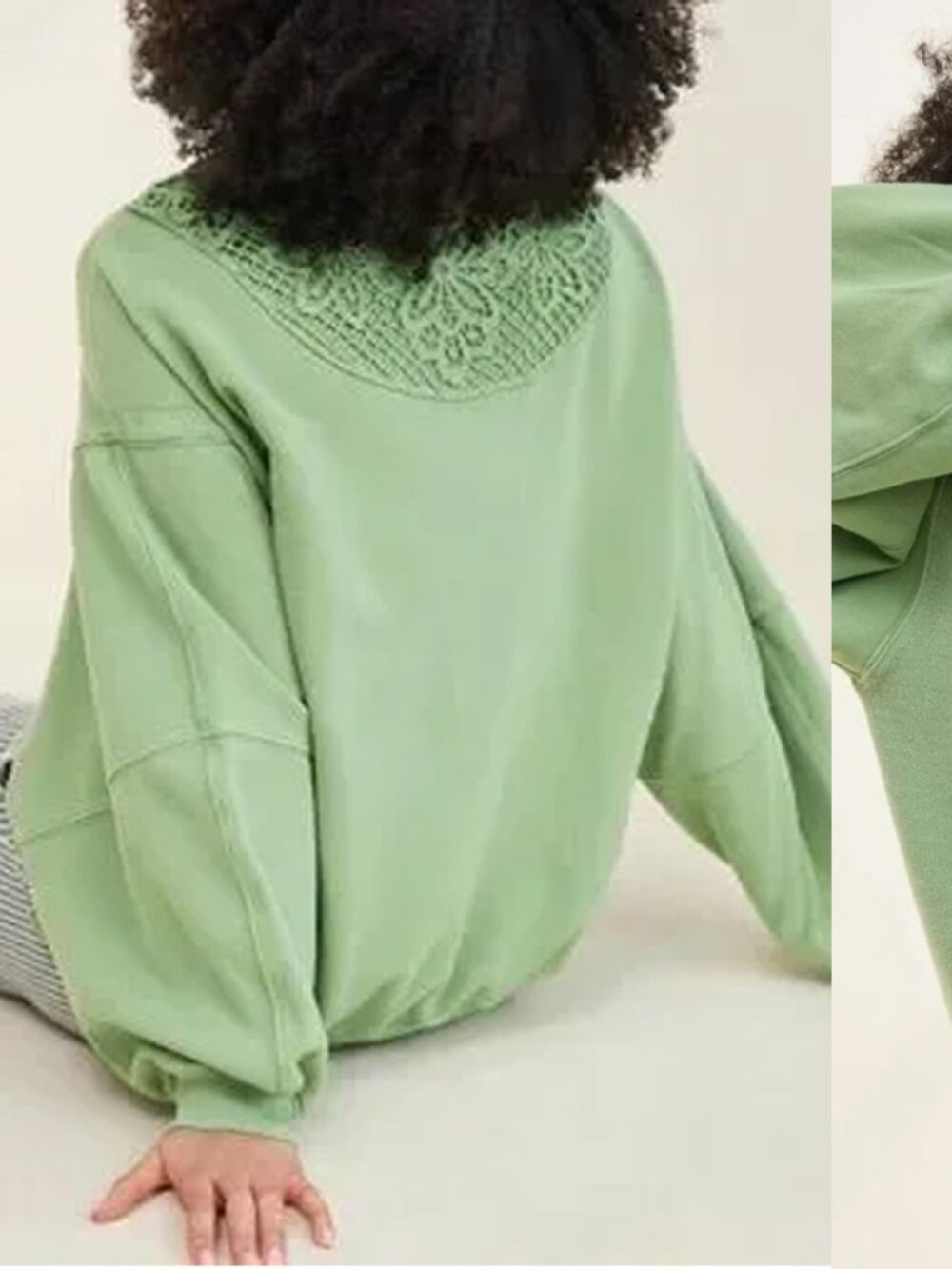 Aerie Keep It Light Crochet Crew Sweatshirt Leaf Green XS